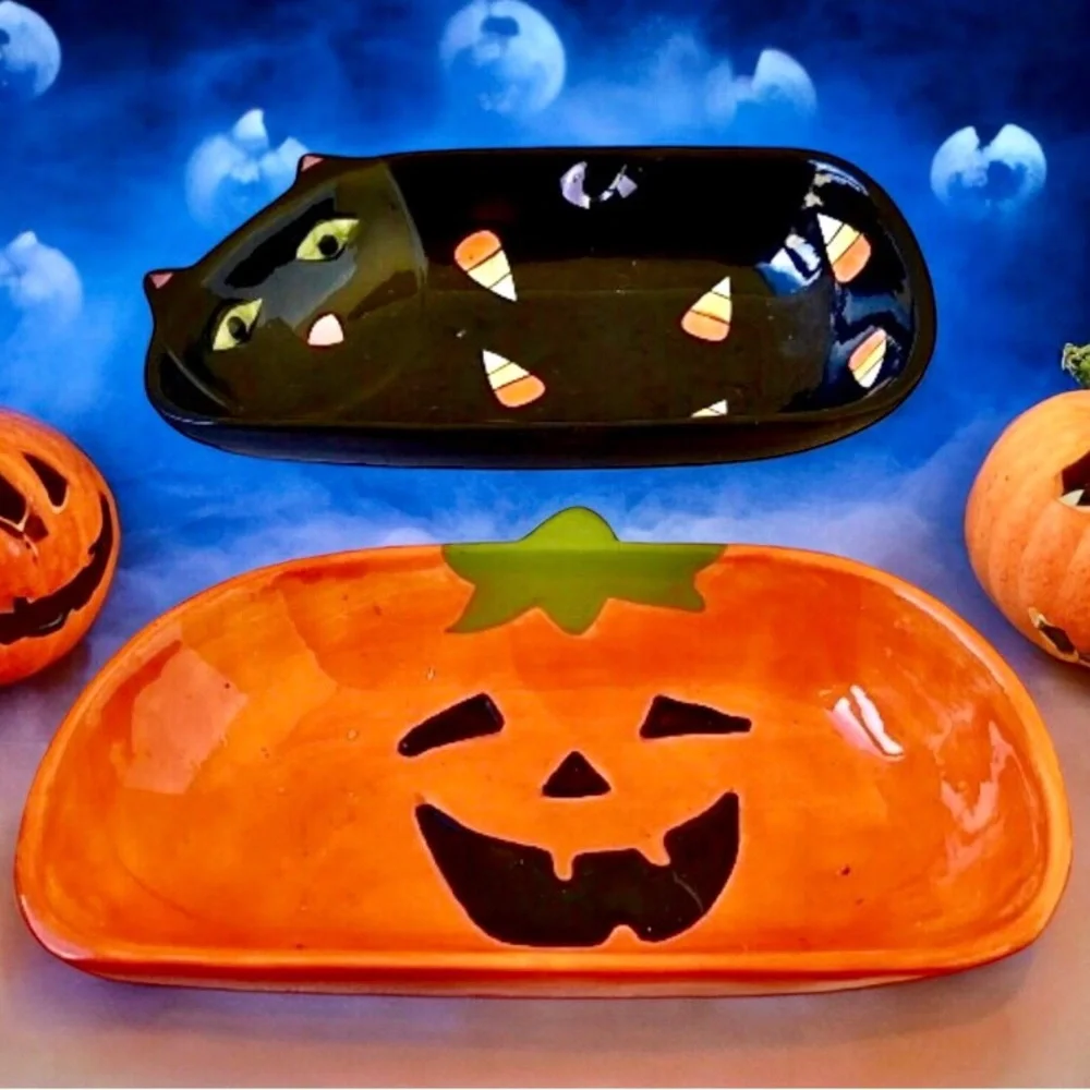 Halloween 🎃 Candy Dishes Tien Hsing Vintage Black Cat + Pumpkin 2 dishes